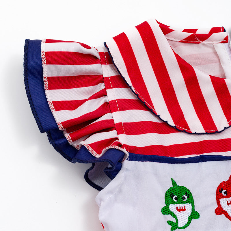 （In Stock）Girls Red Stripe Shark Embroidery Dress