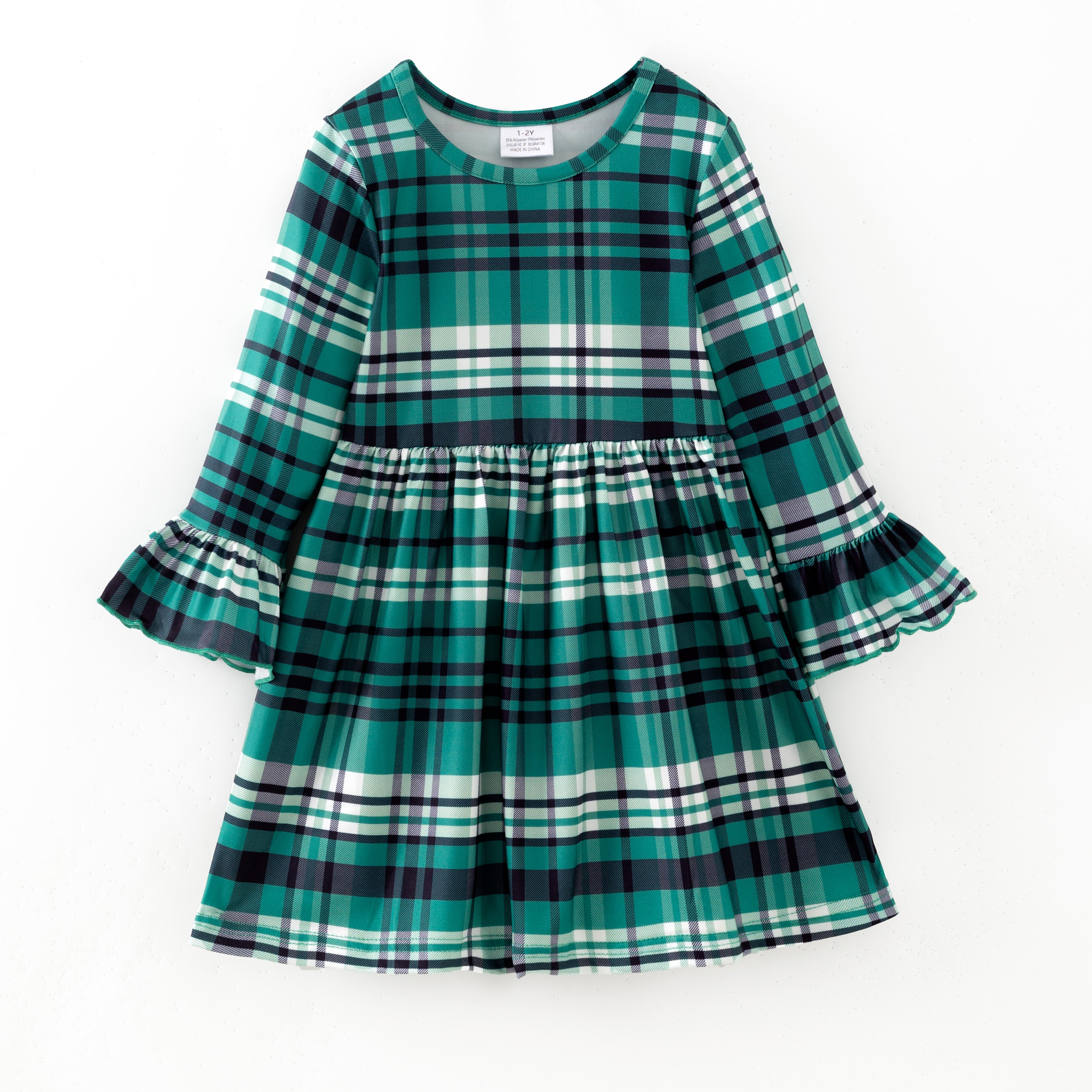（In Stock）Girls Christmas Green Plaid Dress