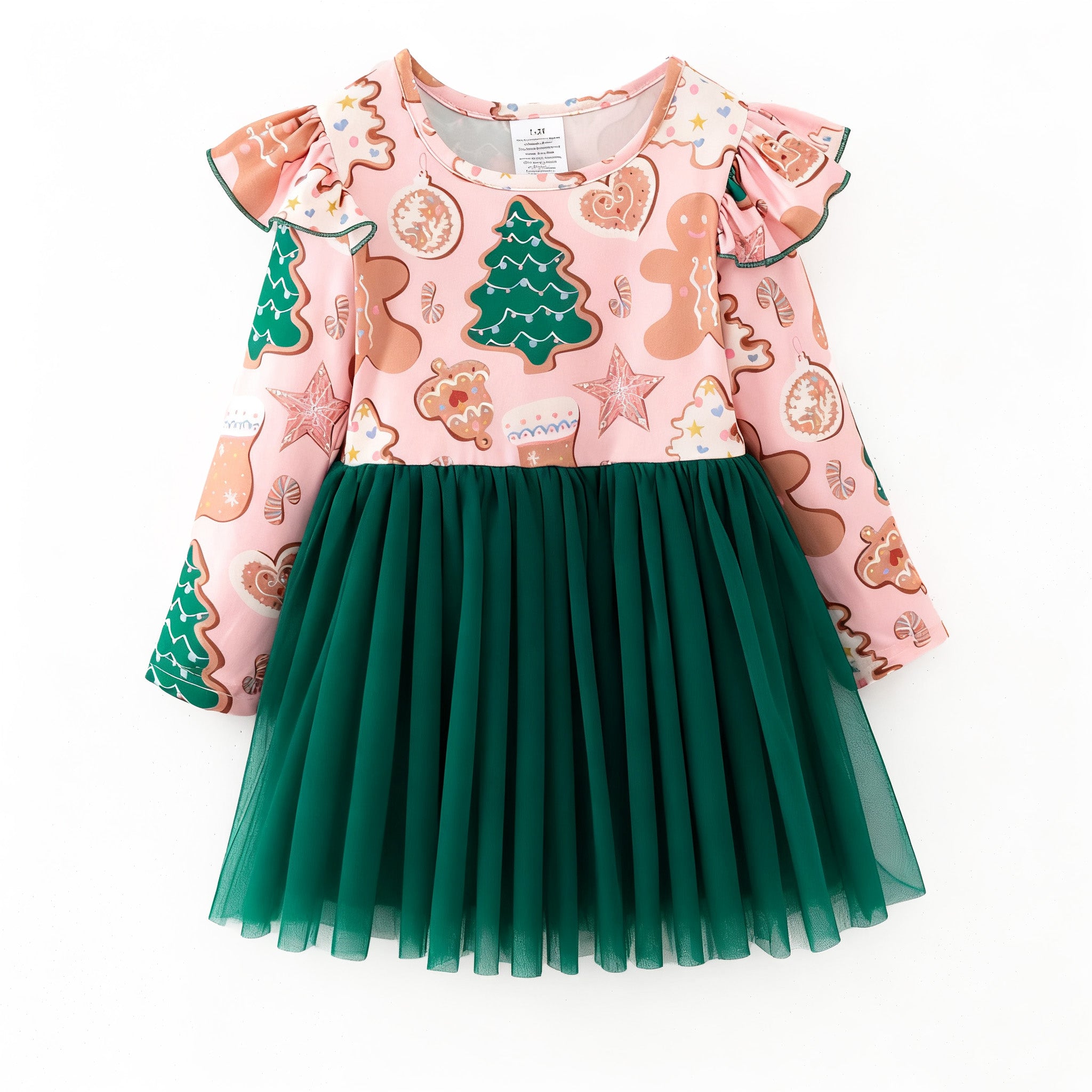 （In Stock）Girls Christmas Gingerbread Print Tulle Dress