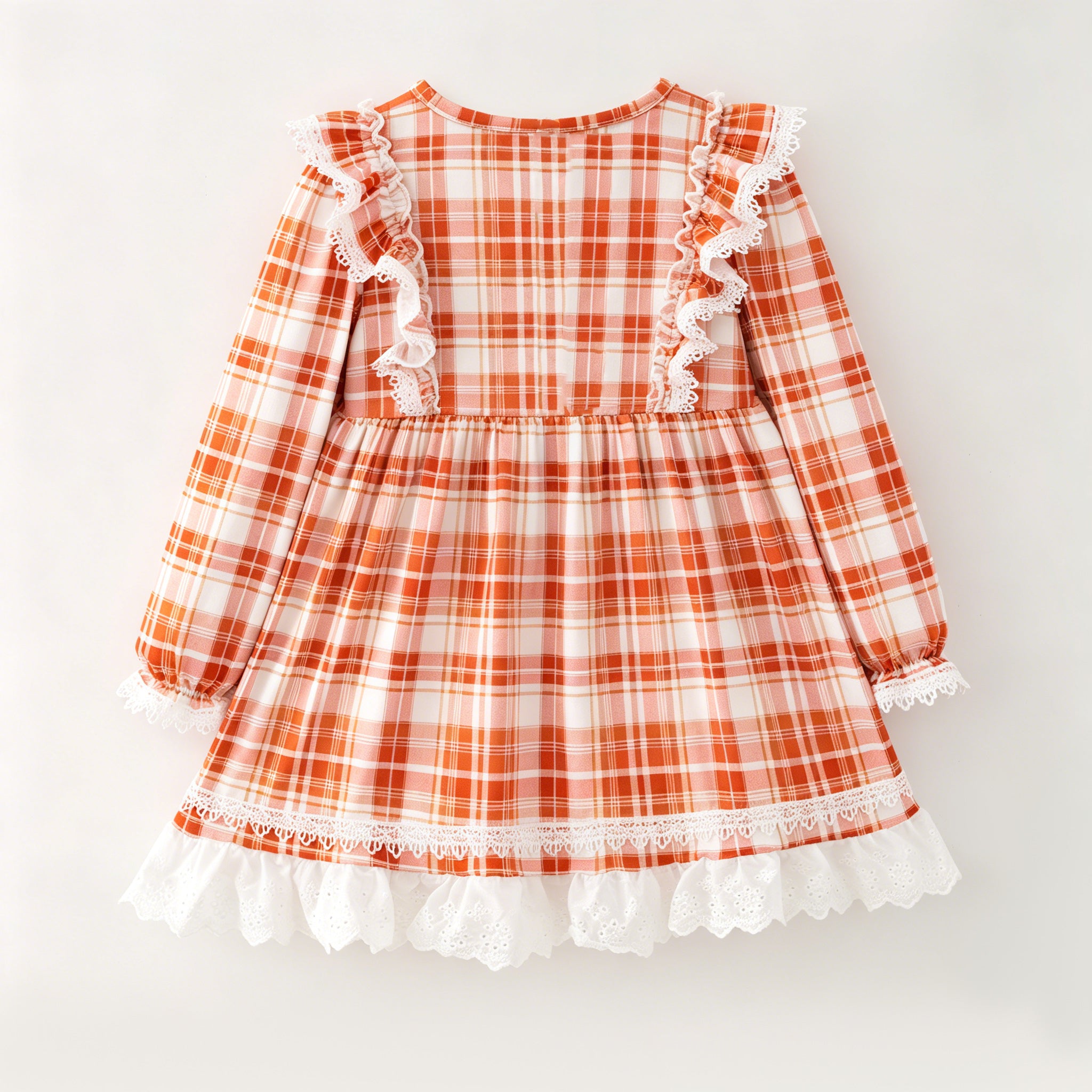 （In Stock）Girls Fall Plaid Lace Ruffle Dress