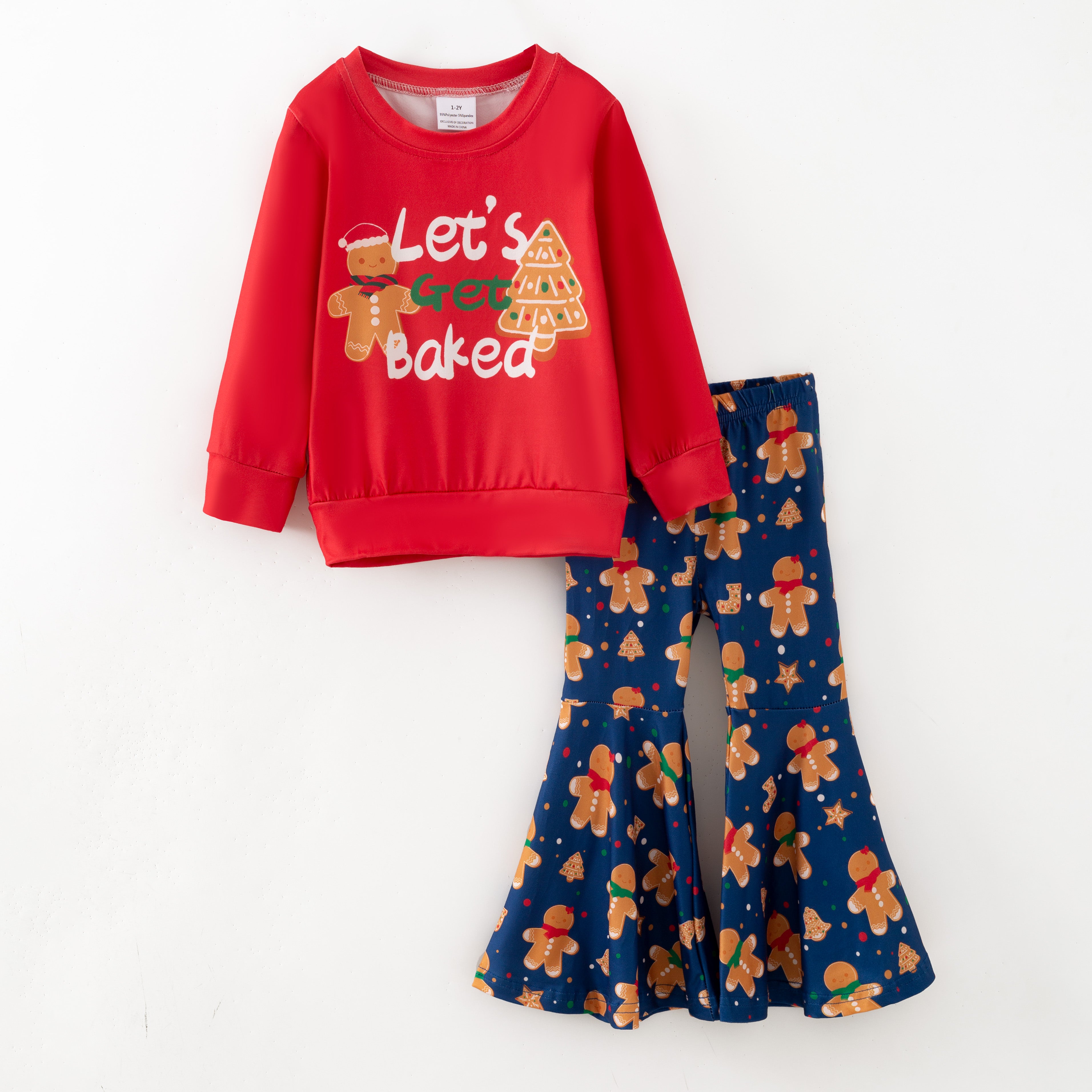 （In Stock）Girls Christmas Gingerbread Print Sweatshirt Set