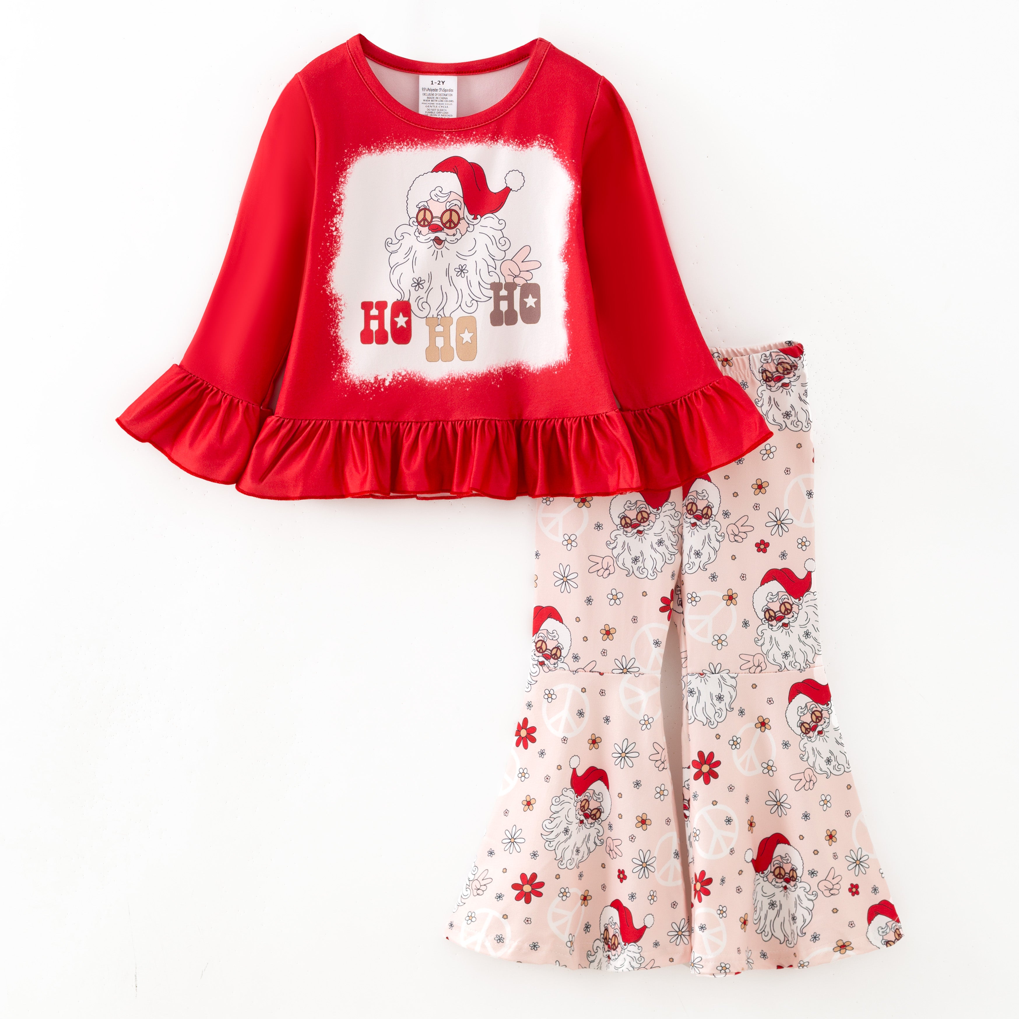 （Pre Order）Girls Christmas Santa Claus Print Ruffle Outfit Set