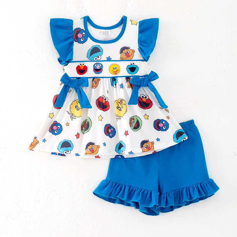 （In Stock）Girls Spring and Summer Cartoon Embroidery Shorts Set