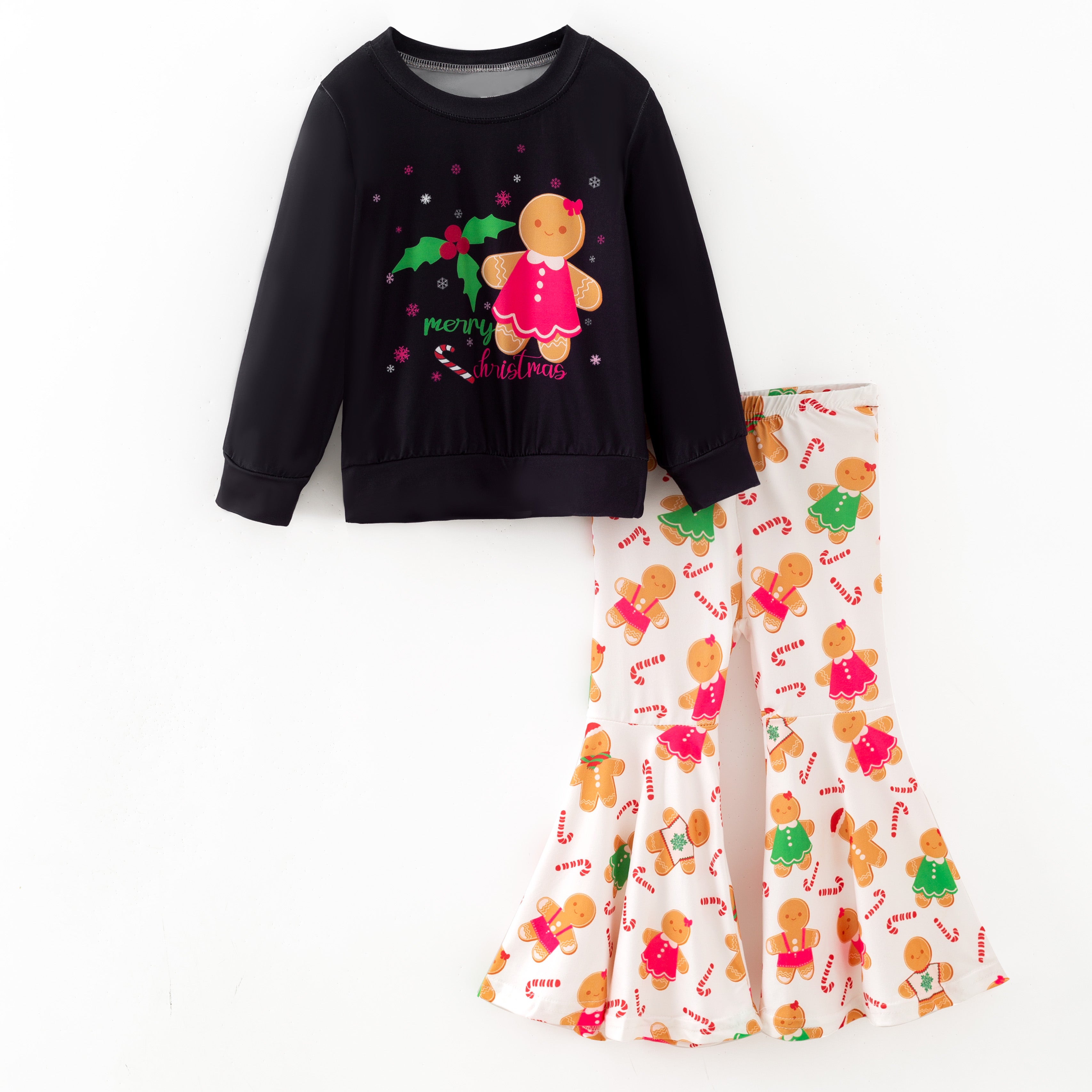 （In Stock）Girls Christmas Gingerbread Print Outfit Set