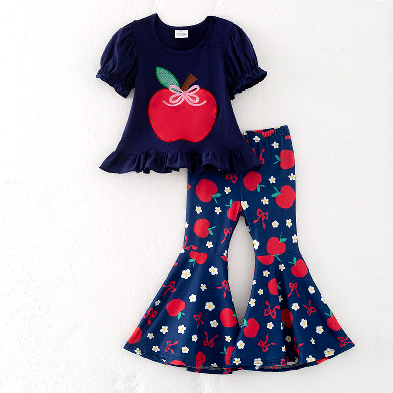（In Stock）Girls Summer Back To School Apple Applique Outfit Set