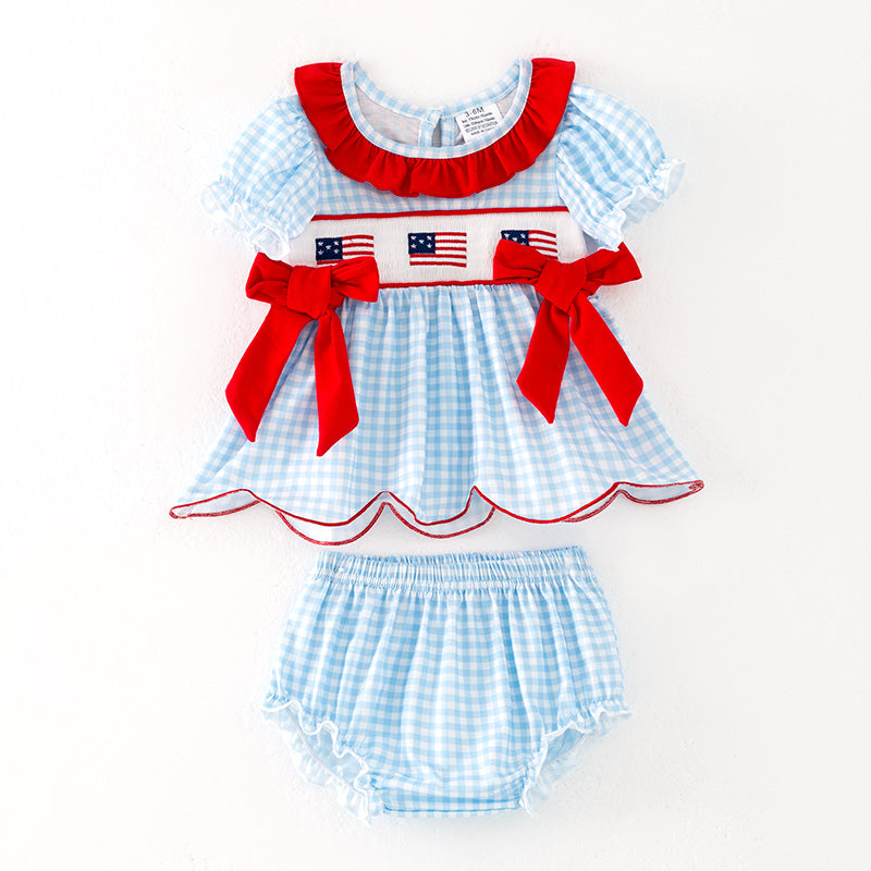 （In Stock）Toddler Girls Patriotic Embroidery Smocked Bloomer Set