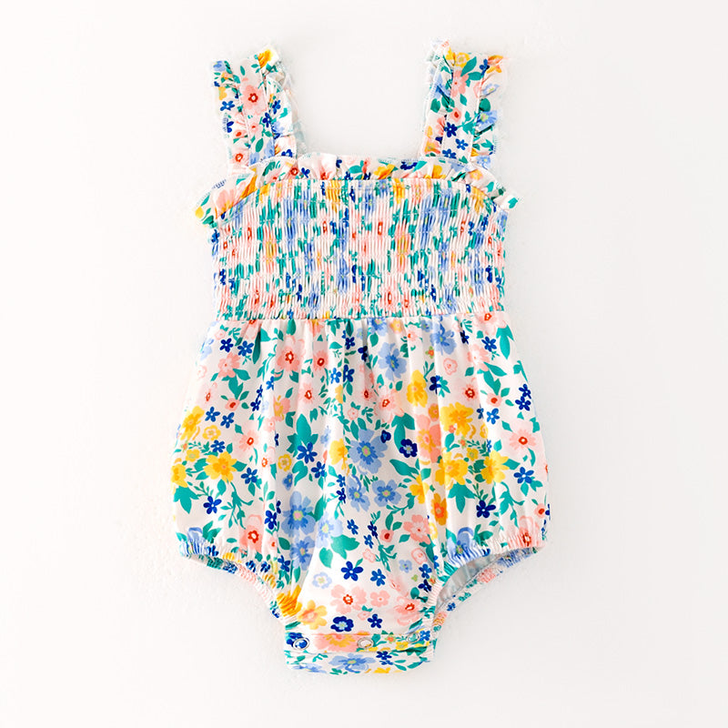 （In Stock）Toddler Girls Spring and Summer Floral Print Smocked Romper