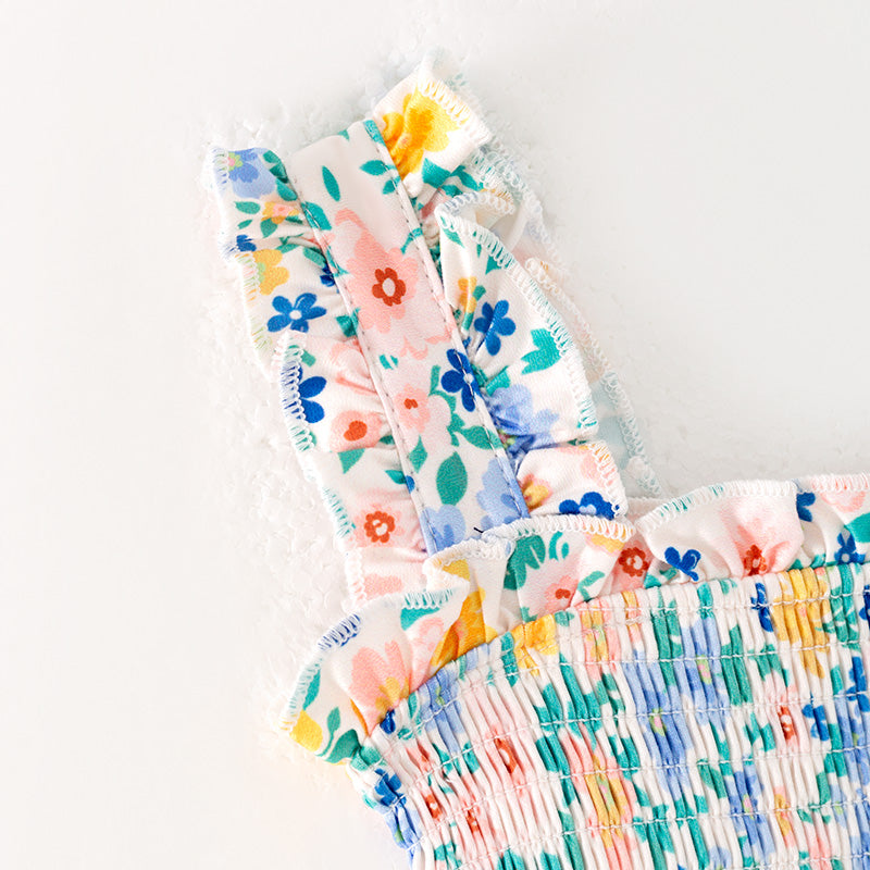 （In Stock）Toddler Girls Spring and Summer Floral Print Smocked Romper