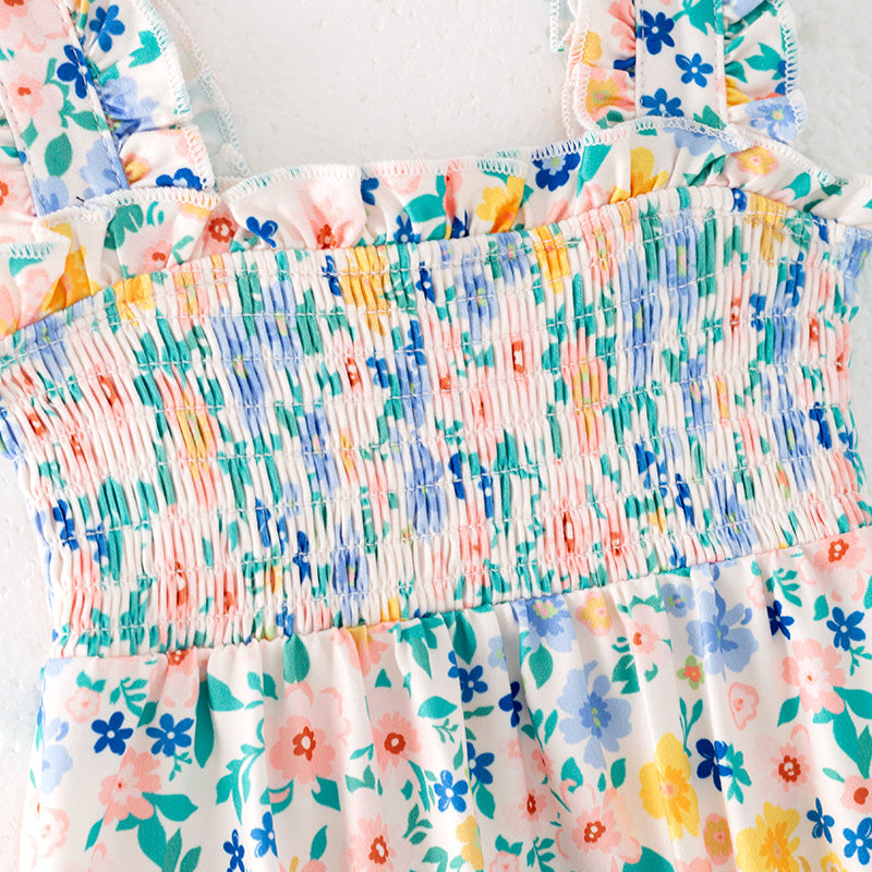 （In Stock）Toddler Girls Spring and Summer Floral Print Smocked Romper