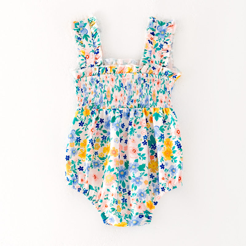 （In Stock）Toddler Girls Spring and Summer Floral Print Smocked Romper