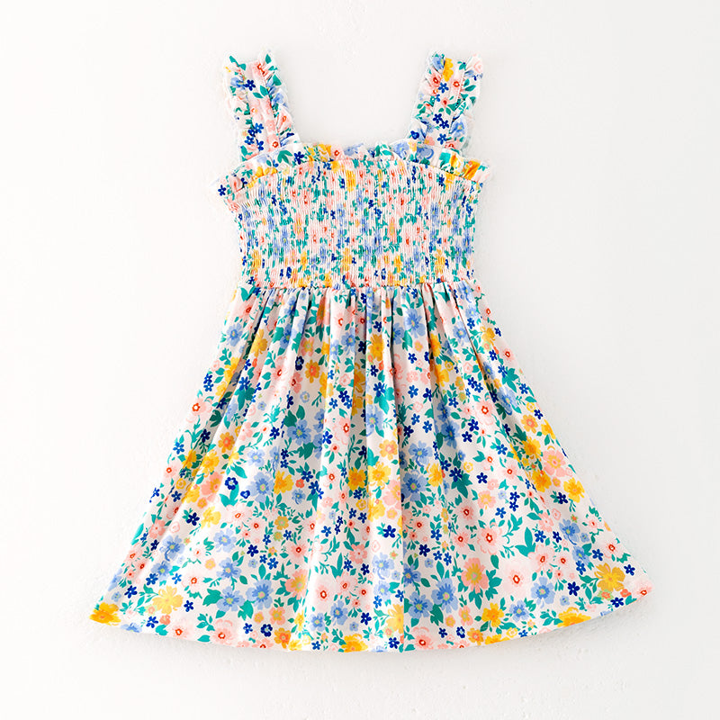 （In Stock）Girls Spring and Summer Floral Print Smocked Dress