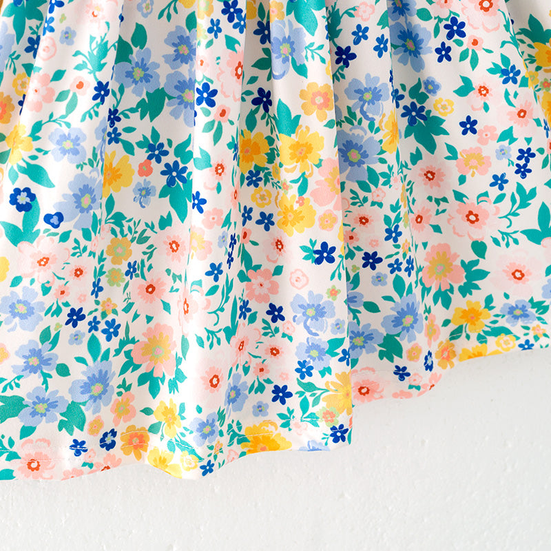 （In Stock）Girls Spring and Summer Floral Print Smocked Dress