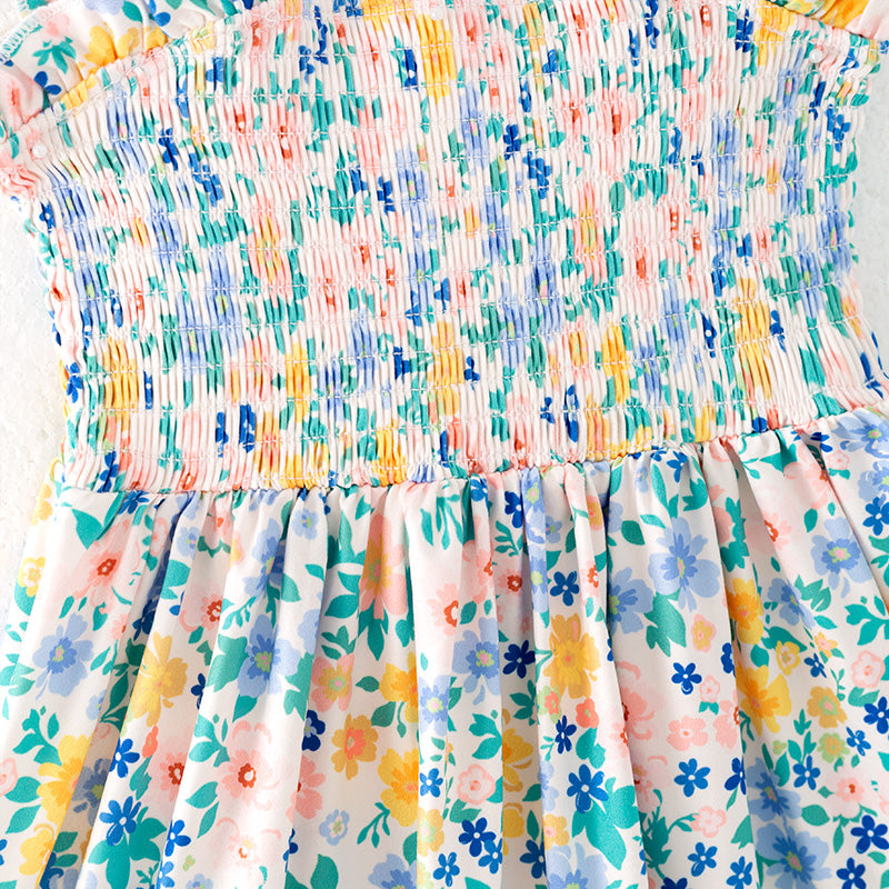 （In Stock）Girls Spring and Summer Floral Print Smocked Dress