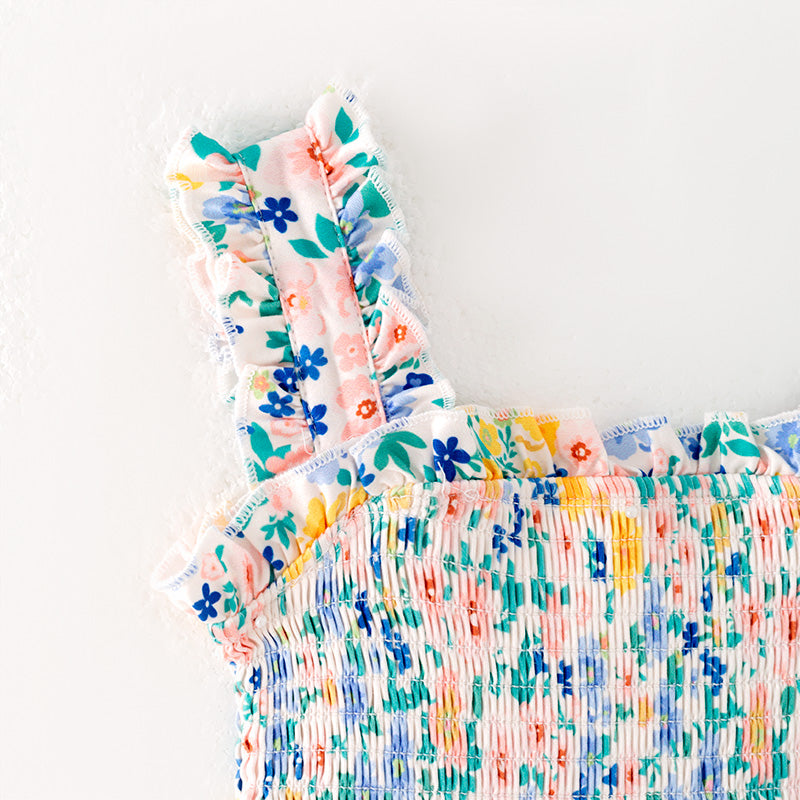 （In Stock）Girls Spring and Summer Floral Print Smocked Dress