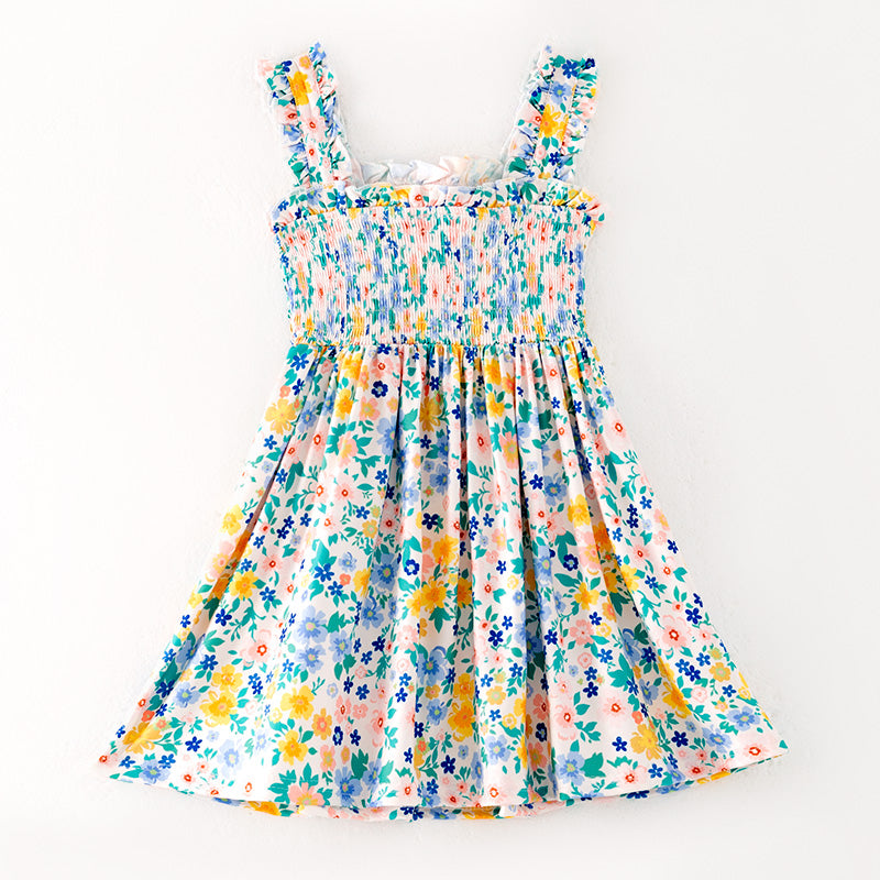 （In Stock）Girls Spring and Summer Floral Print Smocked Dress