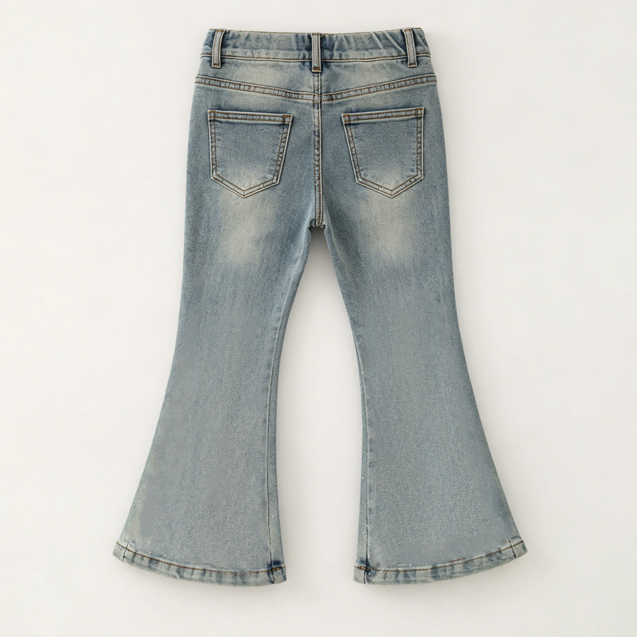 （In Stock）Girls Fall Light Blue Crystal Jeans