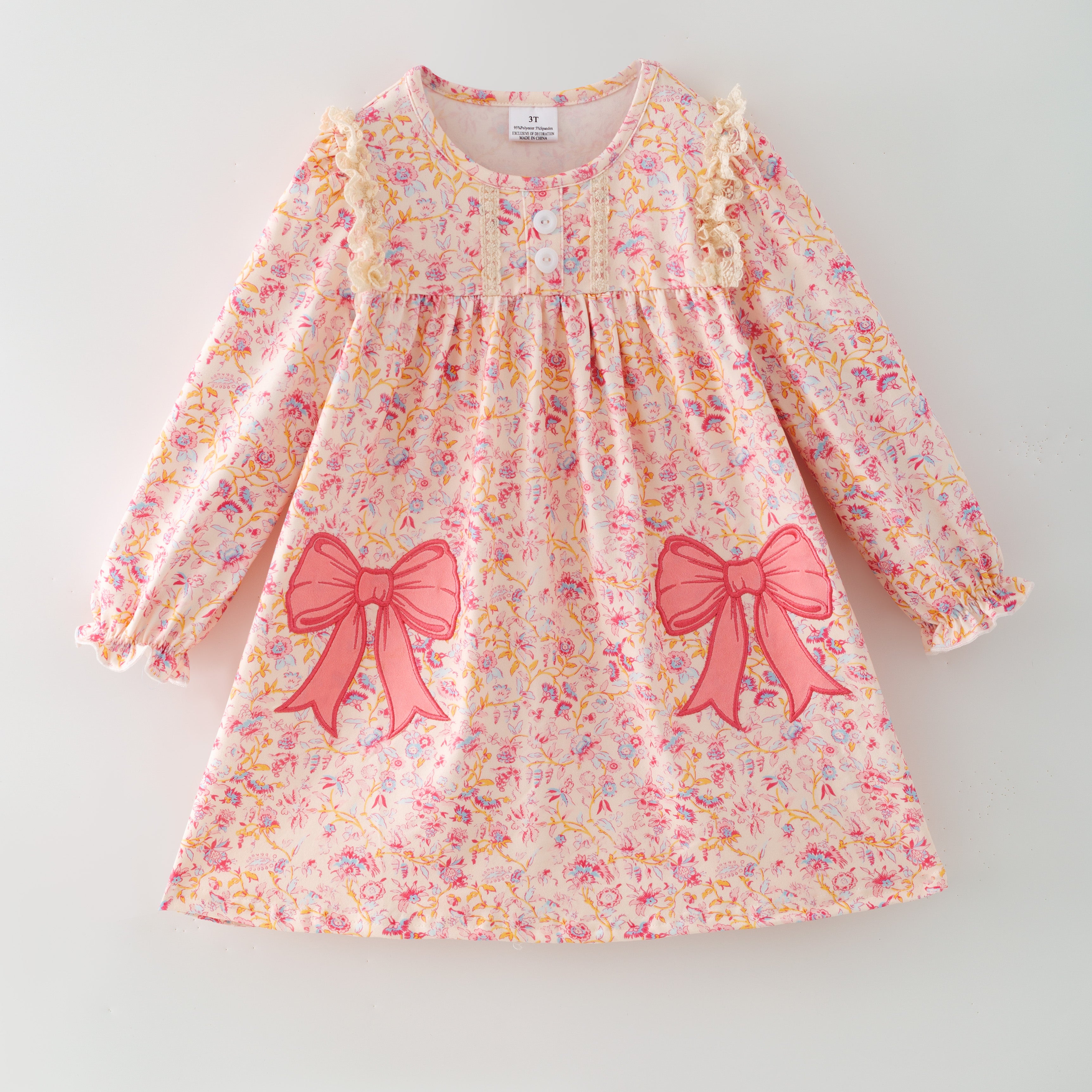 （In Stock）Girls Fall Bow Applique Dress