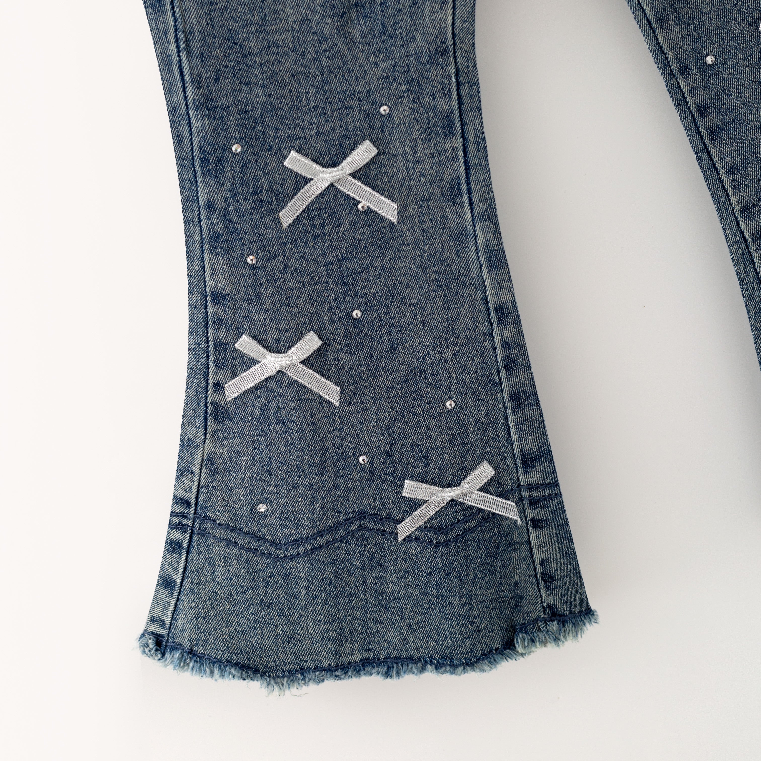 （In Stock）Girls Fall Dark Blue Bowknot Flared Jeans