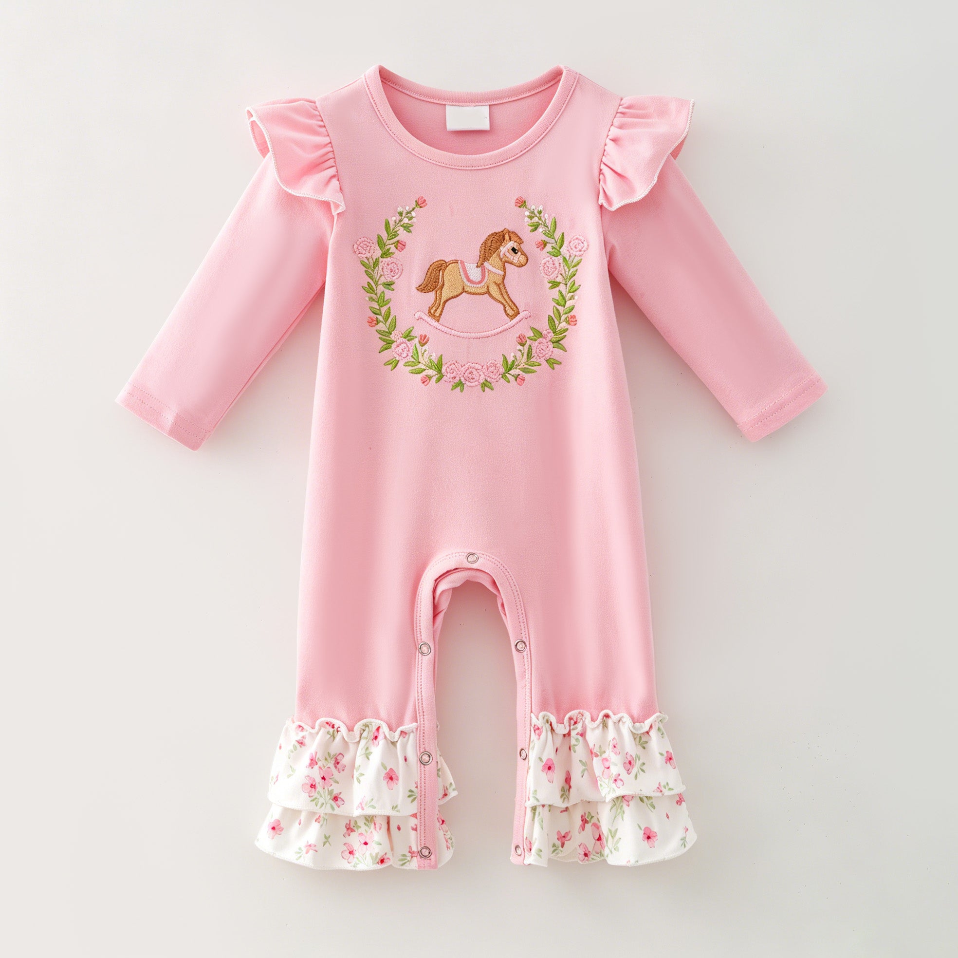 （In Stock）Toddler Girls Fall Rocking Horse Embroidery Cotton Romper