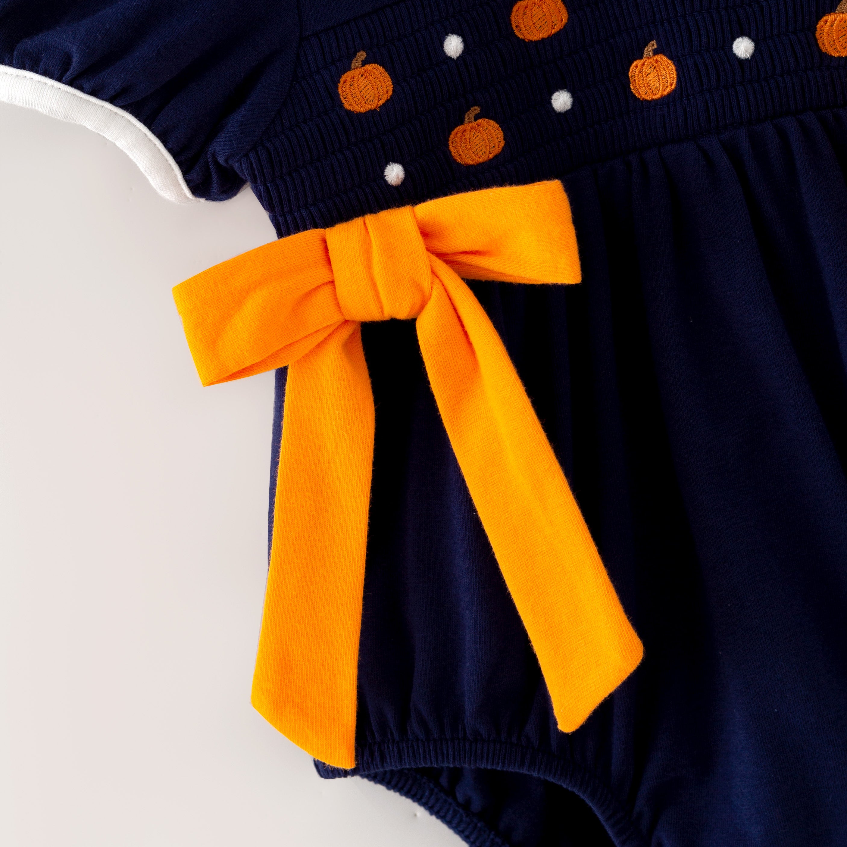 （In Stock）Toddler Girls Fall Pumpkin Embroidery Cotton Smocked Romper