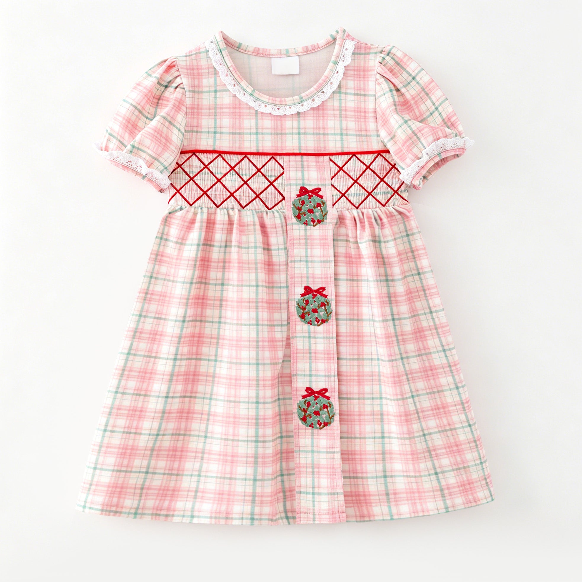 （In Stock）Girls Christmas Embroidery Smocked Dress