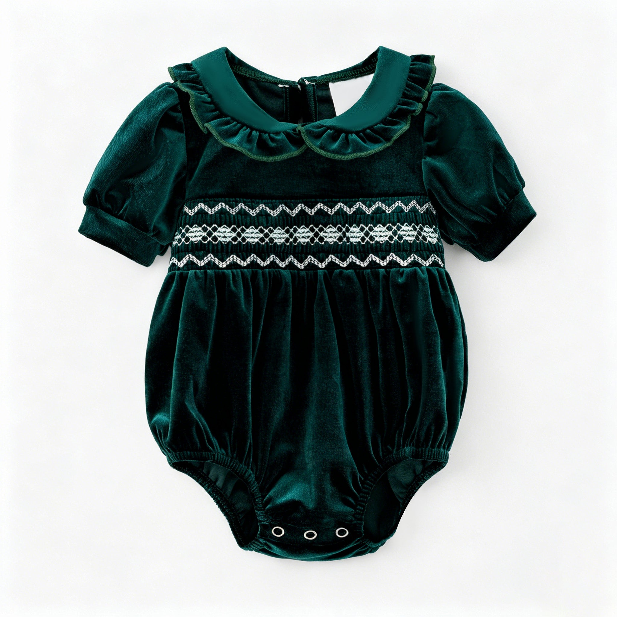 （In Stock）Toddler Girls Christmas Green Velvet Smocked Romper