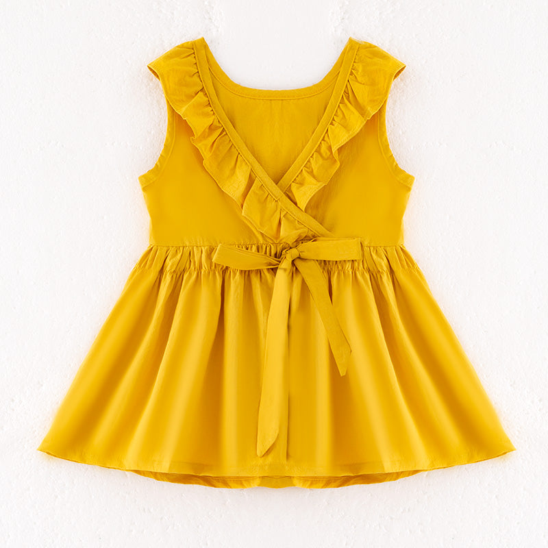 （In Stock）Girls Summer Ginger Yellow Knotted Cotton Dress