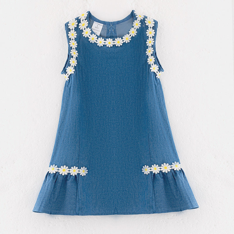（In Stock）Girls Summer Navy Daisy Embroidery Cotton Dress