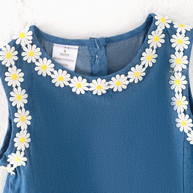 （In Stock）Girls Summer Navy Daisy Embroidery Cotton Dress
