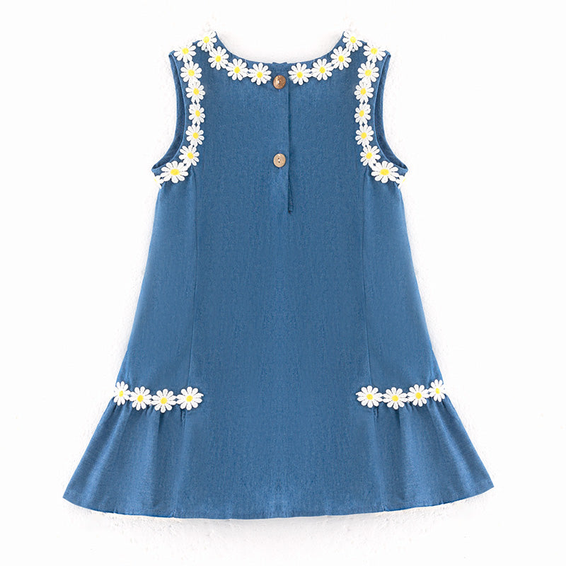 （In Stock）Girls Summer Navy Daisy Embroidery Cotton Dress