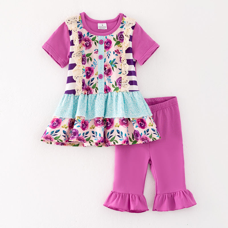 （In Stock）Girls Summer Fuchsia Floral Print Capris Set