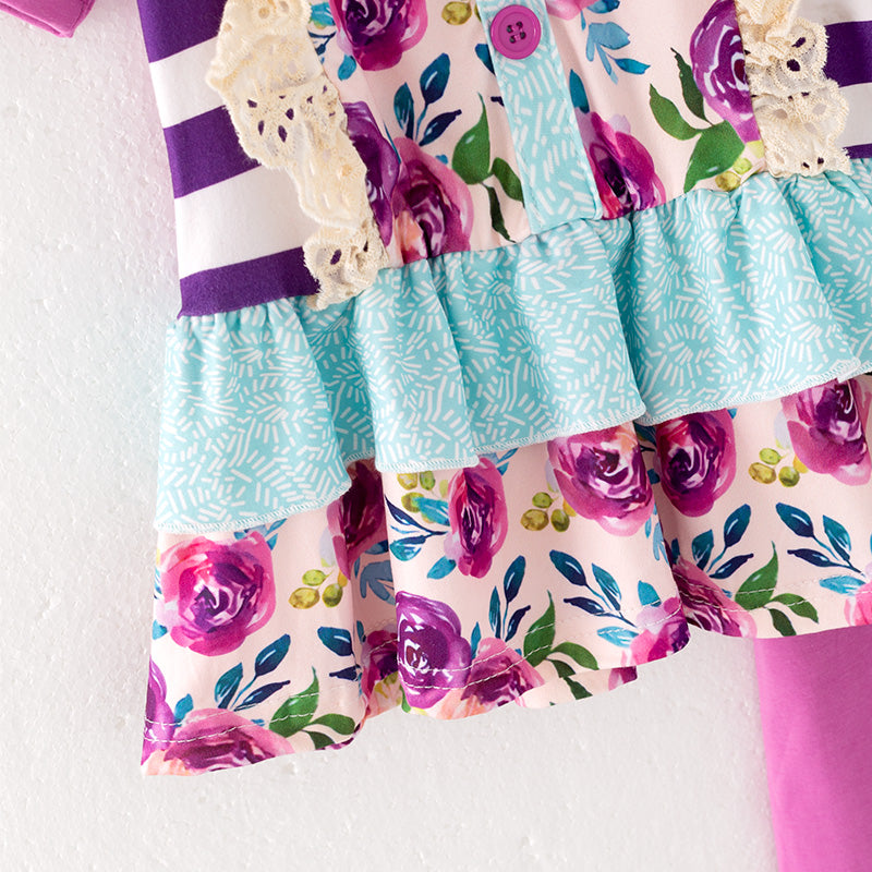 （In Stock）Girls Summer Fuchsia Floral Print Capris Set
