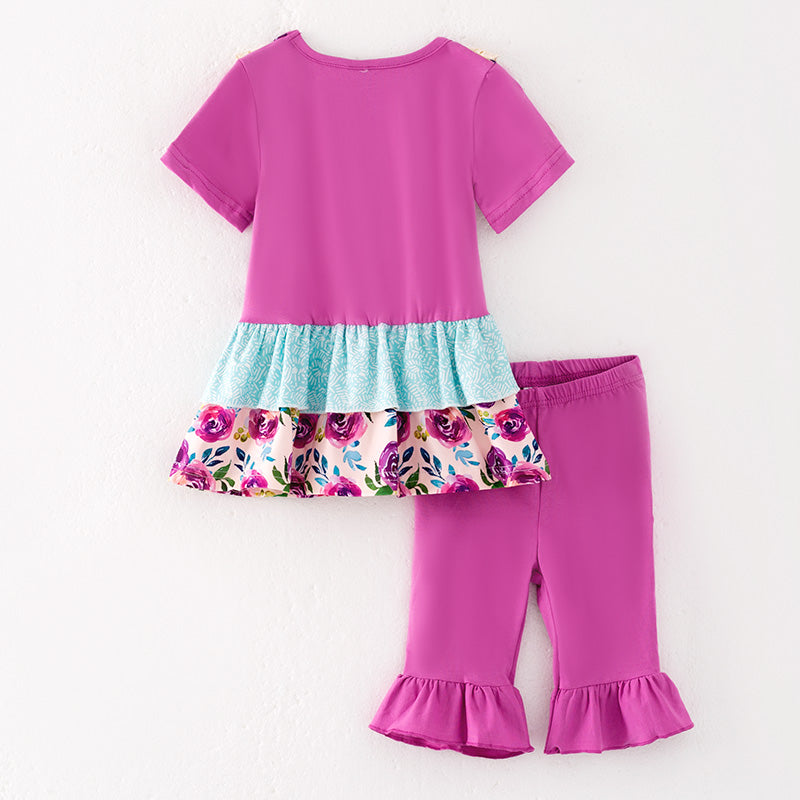 （In Stock）Girls Summer Fuchsia Floral Print Capris Set