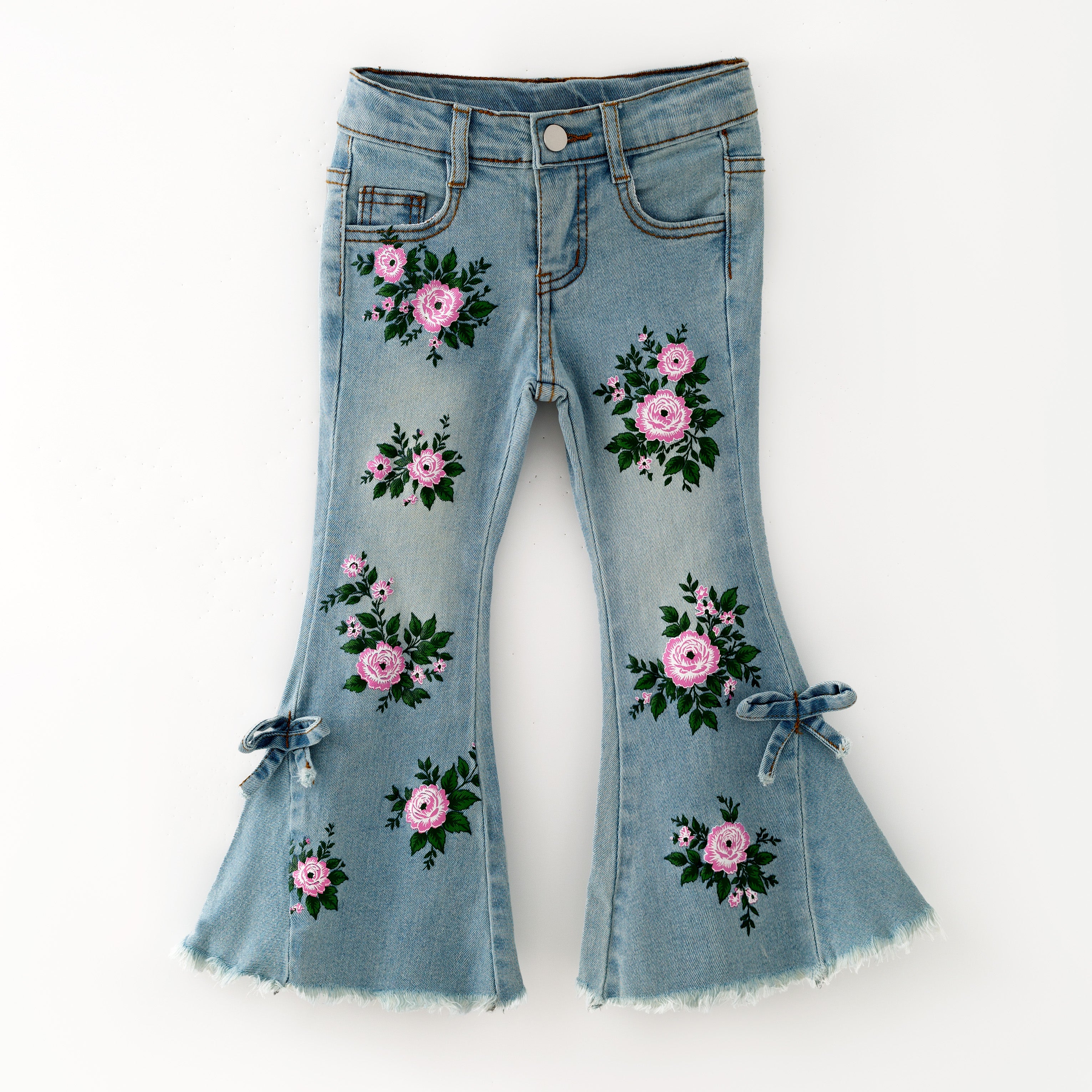 （In Stock）Girls Fall Floral Print Blue Flared Jeans