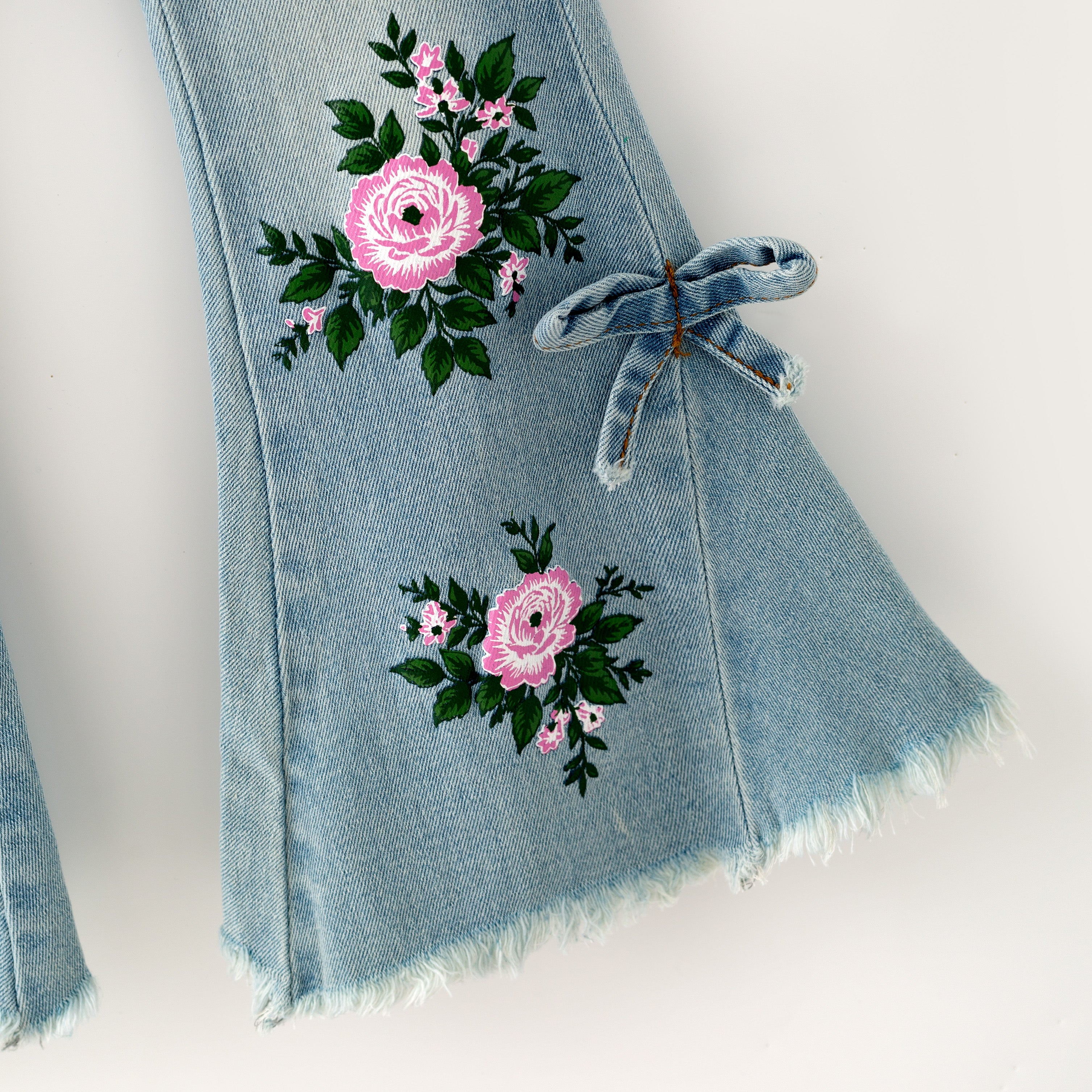（In Stock）Girls Fall Floral Print Blue Flared Jeans