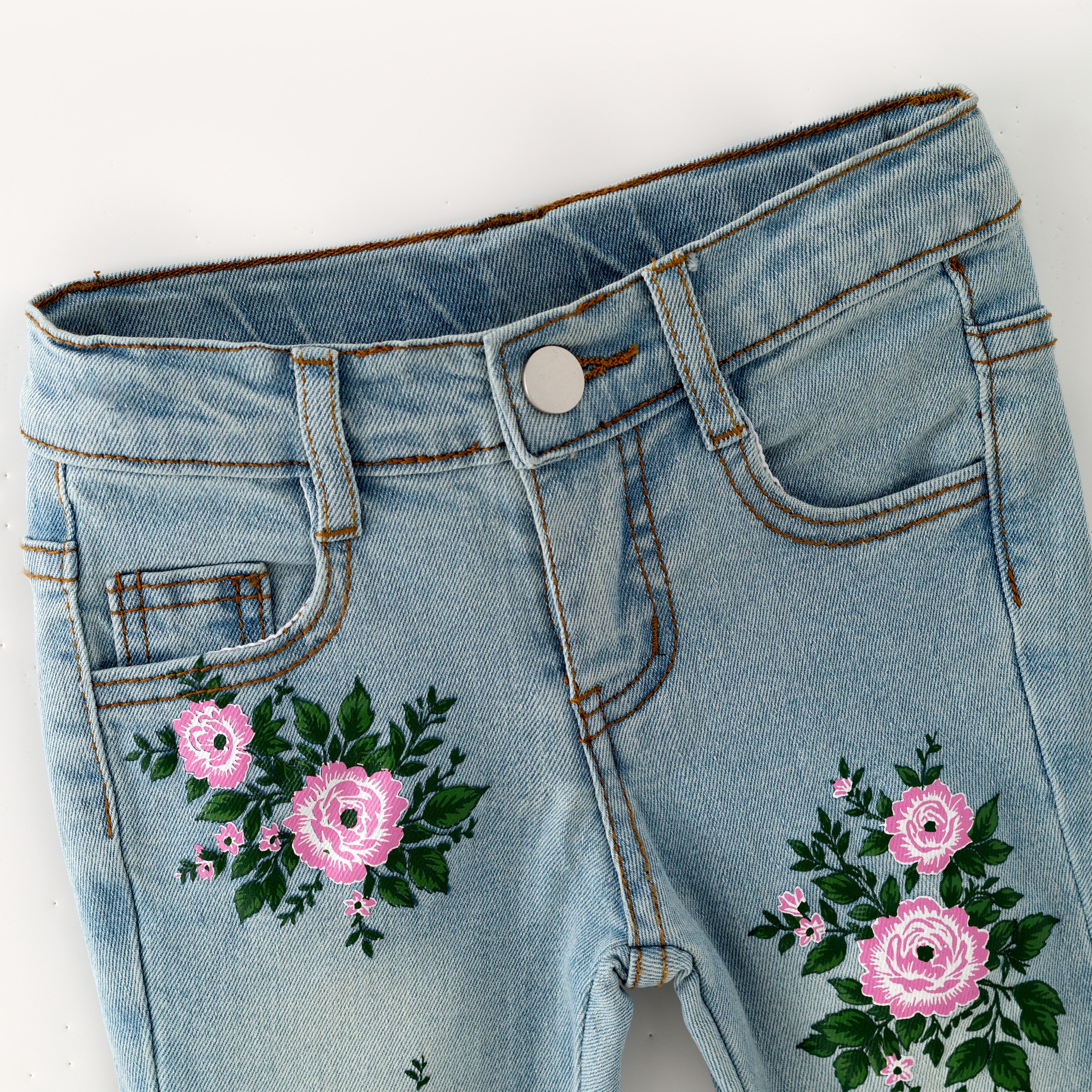 （In Stock）Girls Fall Floral Print Blue Flared Jeans