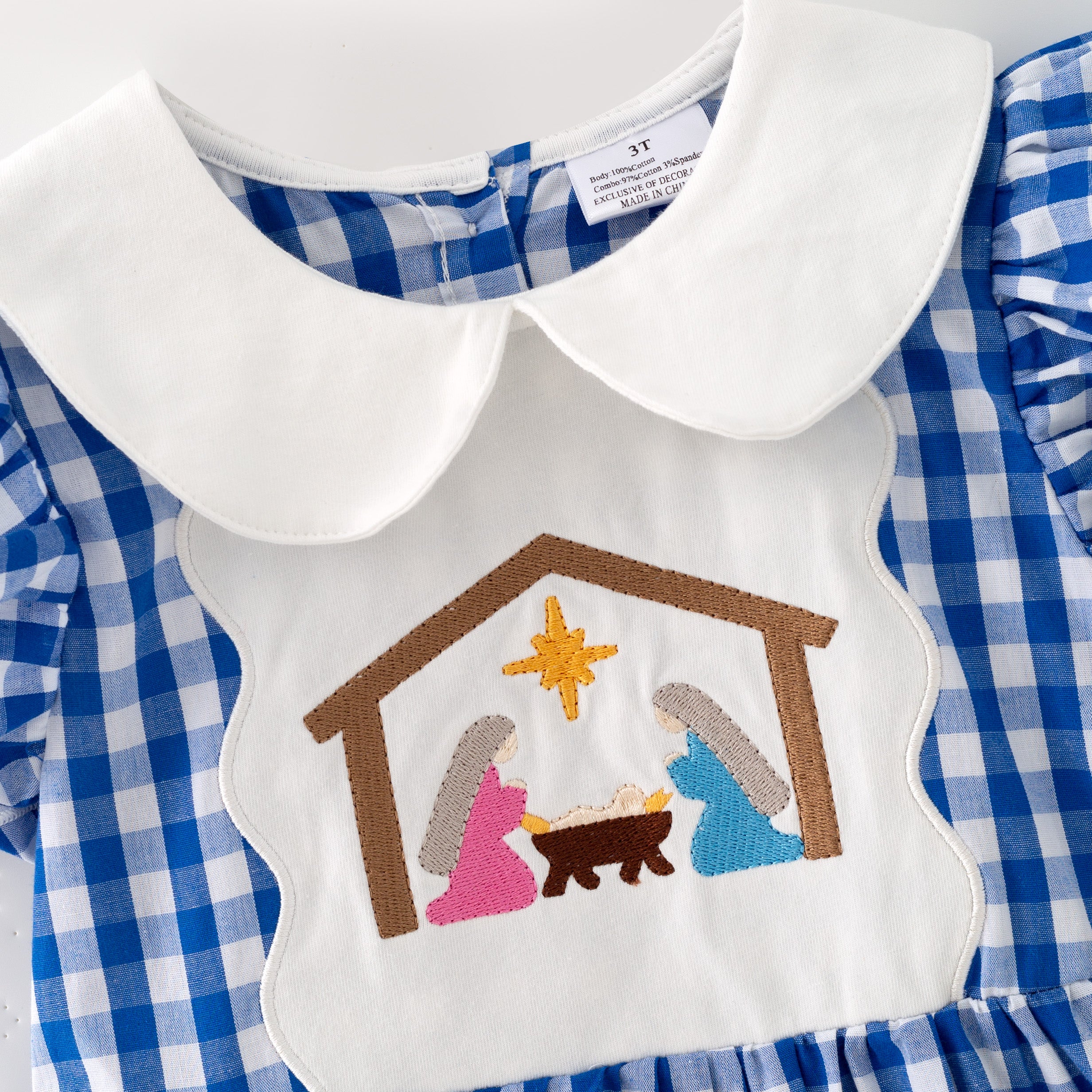 （In Stock）Girls Blue Plaid Nativity Embroidered Christmas Dress