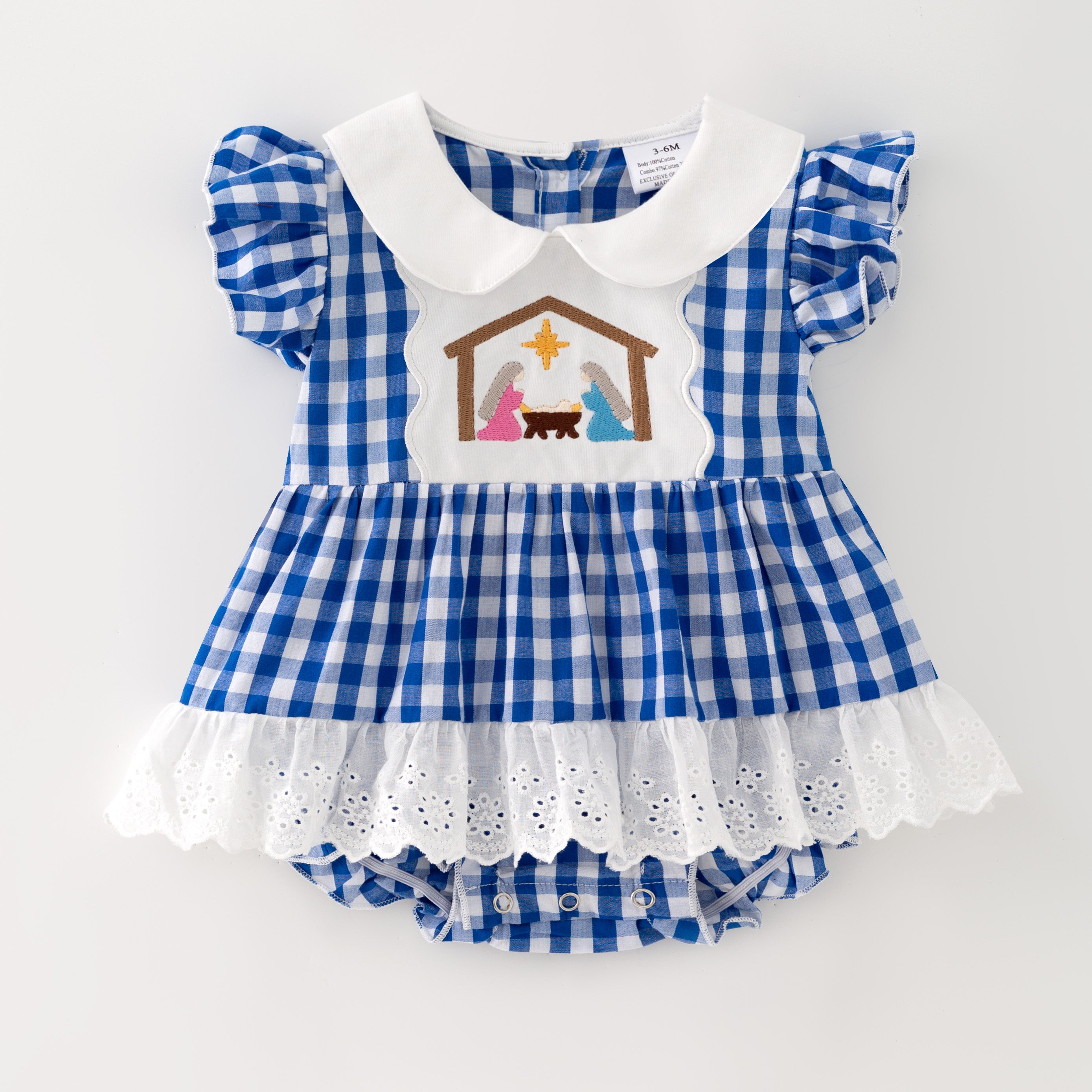 （In Stock）Toddler Girls Blue Plaid Nativity Embroidered Christmas Romper