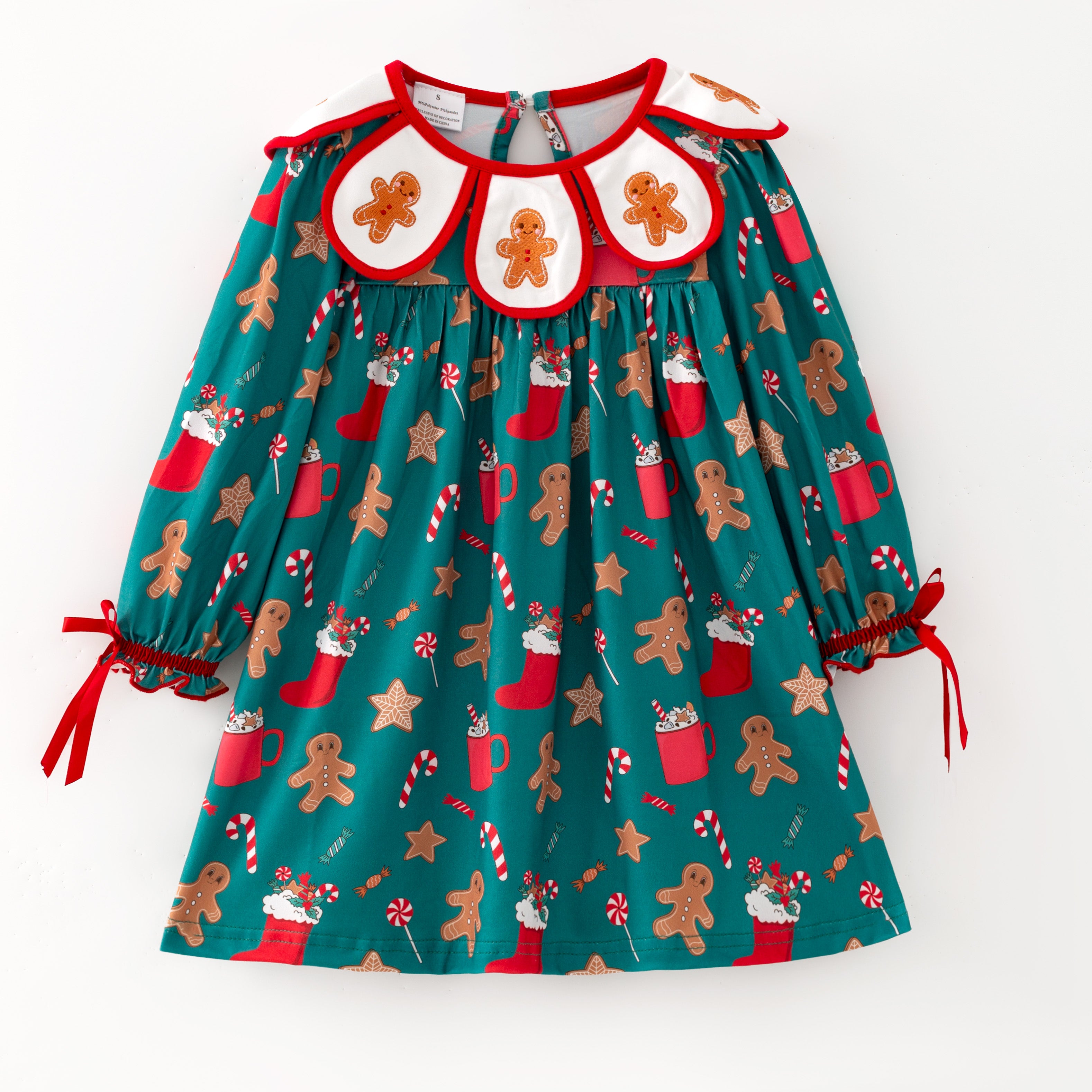 （In Stock）Girls Christmas Gingerbread Embroidery Petal Collar Dress