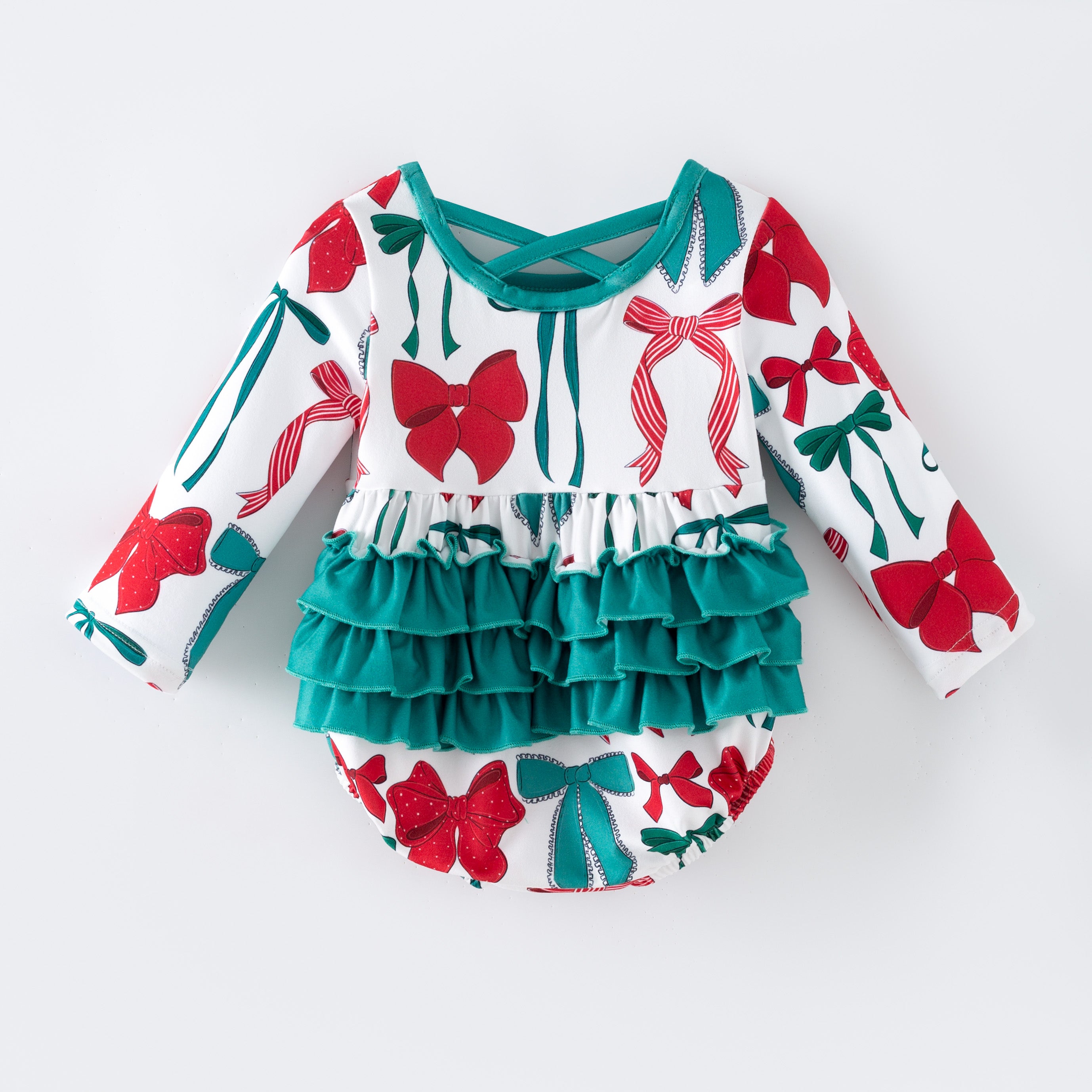 （Pre Order,Prepack Zone）Girls Christmas Bow Print Dress&Romper