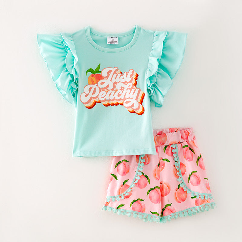 （In Stock）Girls Spring and Summer Mint Top Peachy Print Ruffled Short Set