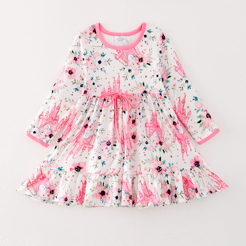（In Stock）Girls Fall Pink Floral Print Dress