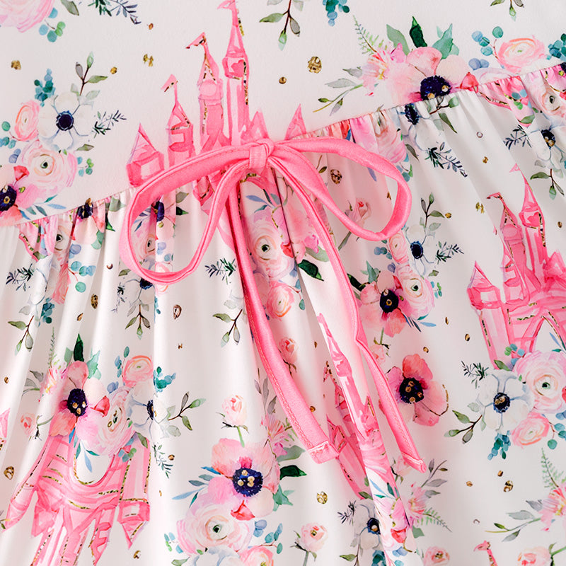 （In Stock）Girls Fall Pink Floral Print Dress