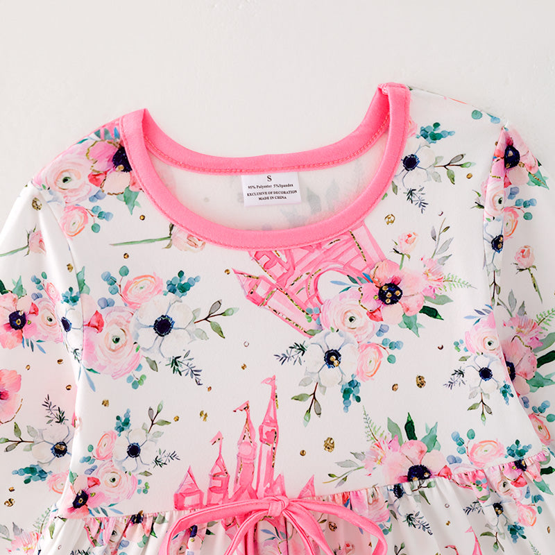 （In Stock）Girls Fall Pink Floral Print Dress