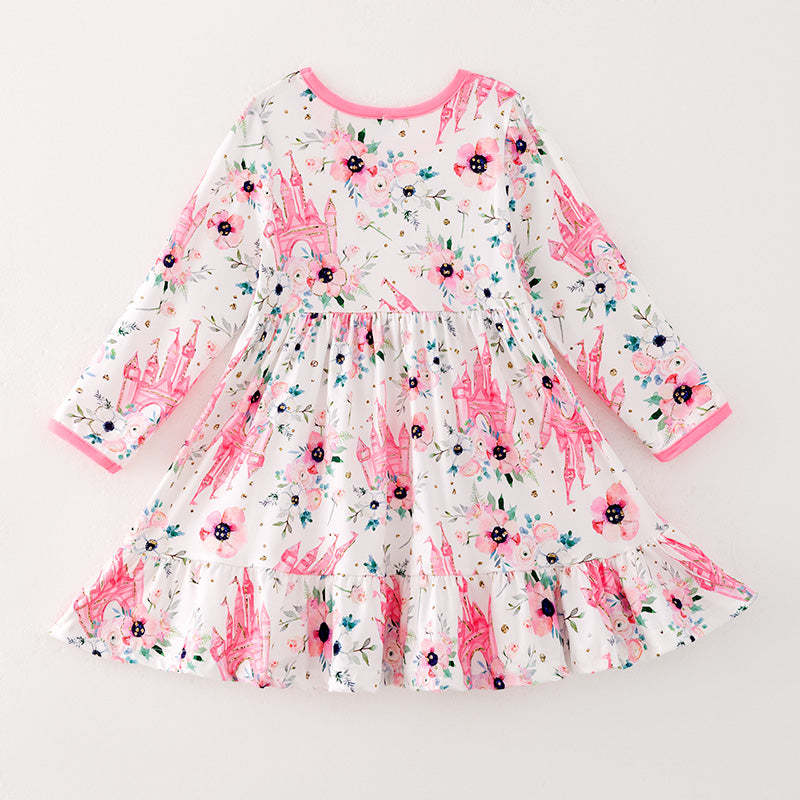 （In Stock）Girls Fall Pink Floral Print Dress