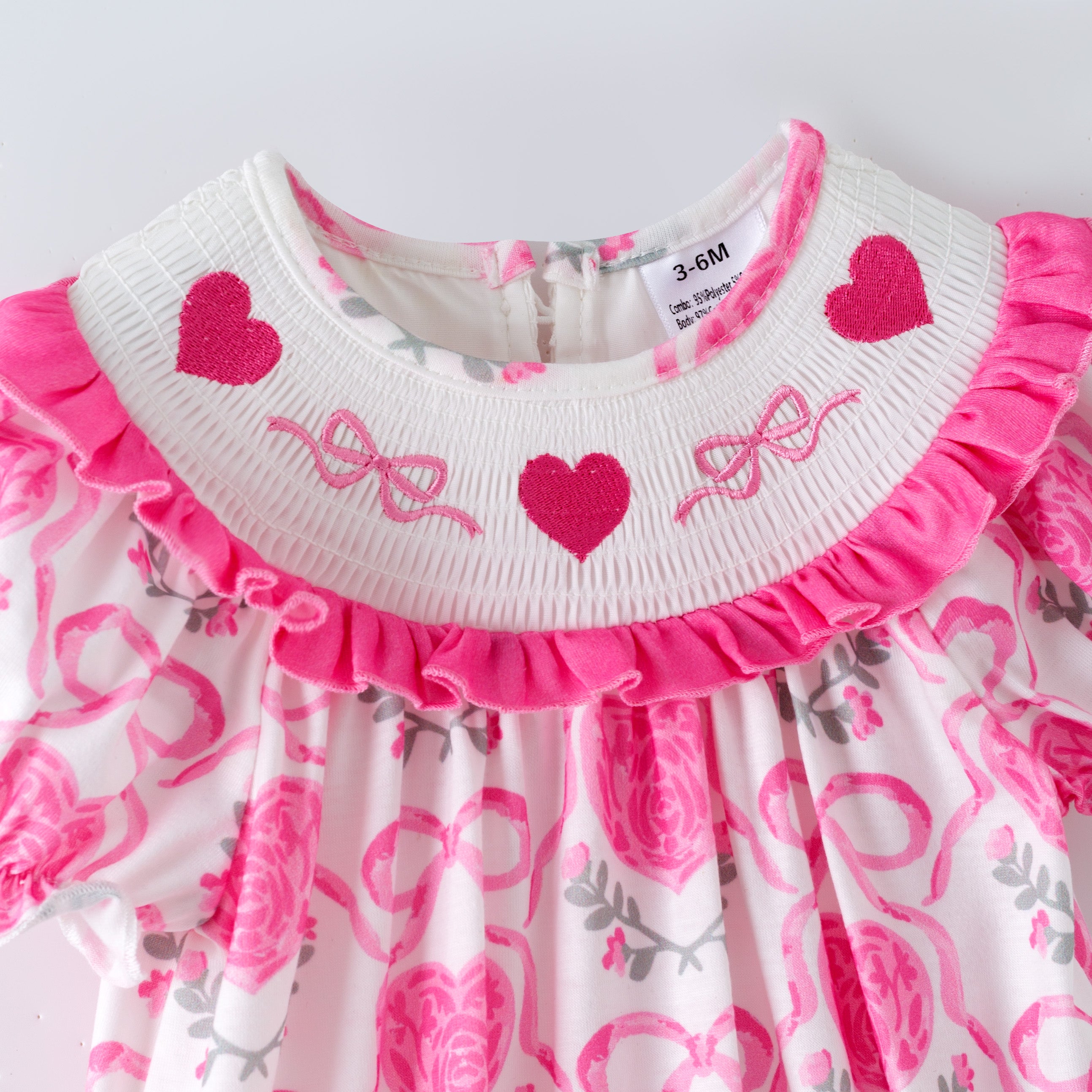 （Pre Order,Prepack Zone）Toddler Girls Valentine's Day Embroidery Smocked Romper