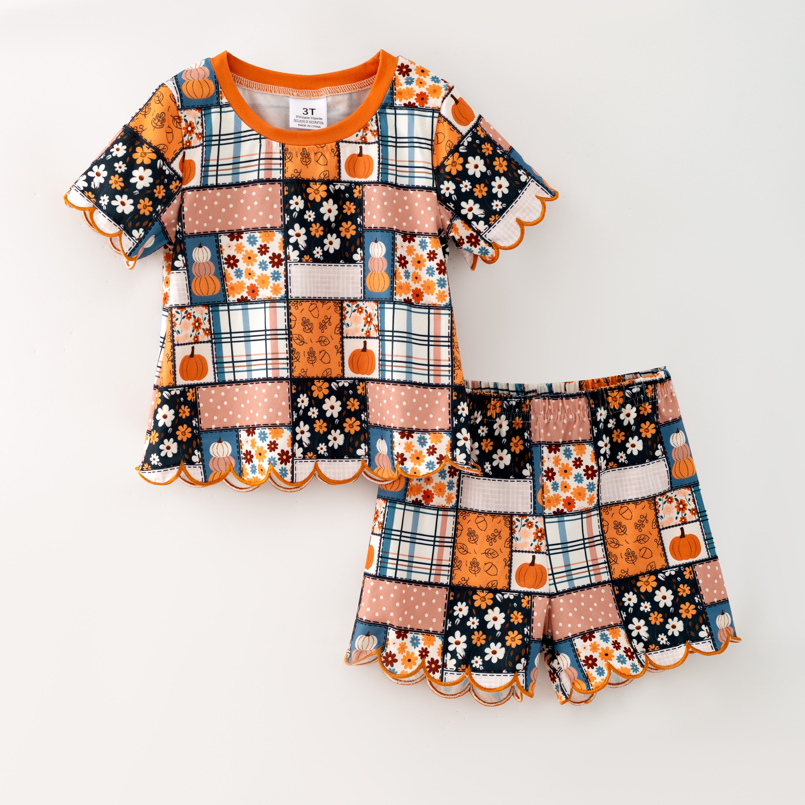 （Pre Order）Girls Fall Pumpkin Scallop Shorts Set