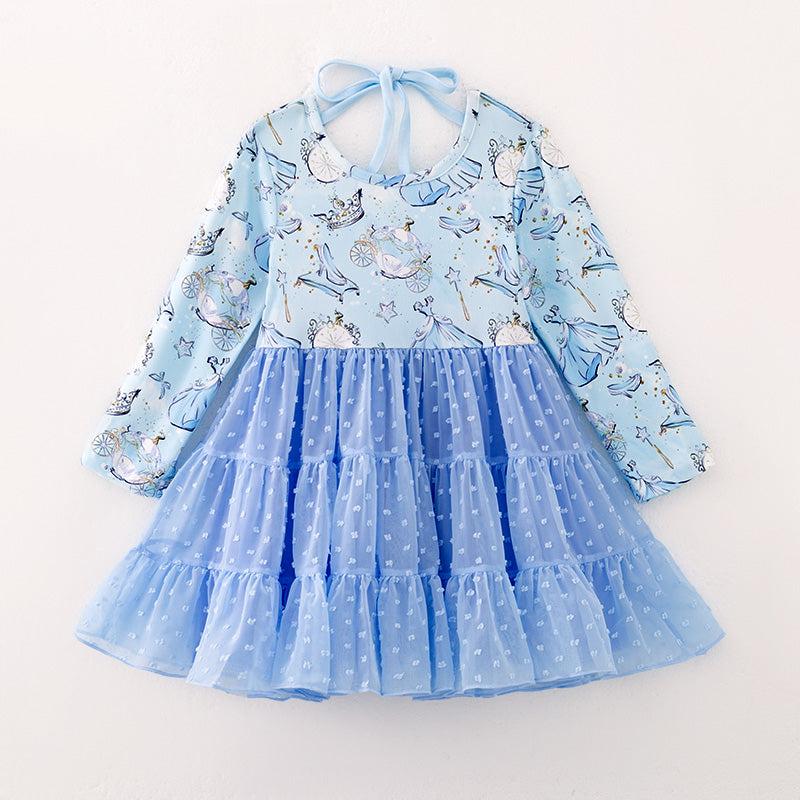 （In Stock）Girls Fall Princess Print Swiss Dot Long Sleeves Dress