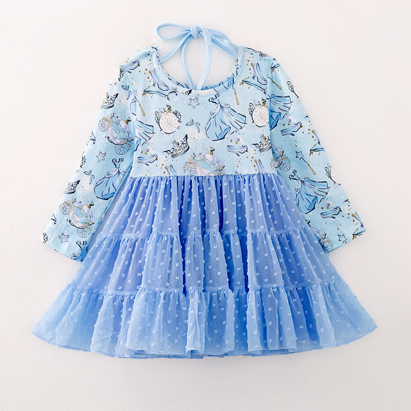 （In Stock）Girls Fall Princess Print Swiss Dot Long Sleeves Dress