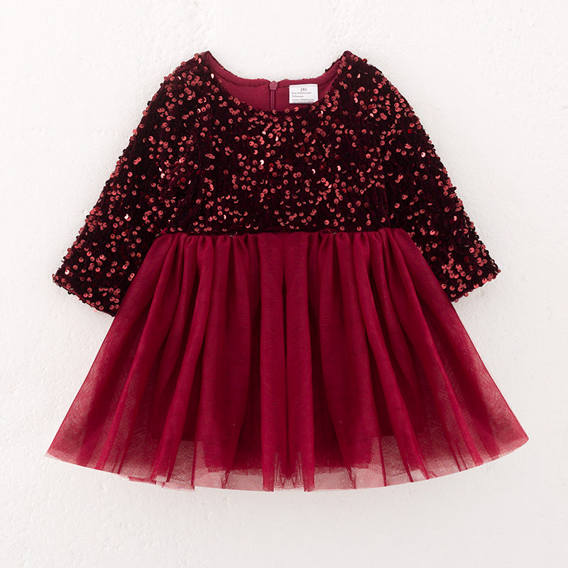 （In Stock）Girls Fall Dark Red Sequin Tulle Dress